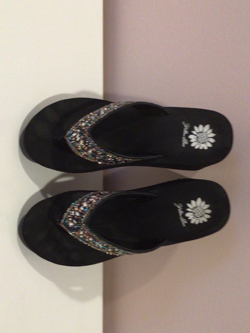 Yellow Box Black Flip Flop Sandals with Multicolor Bead Embellishment